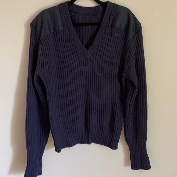 Navy Blue V Neck 100% Wool Sweater - Picture 1 of 7